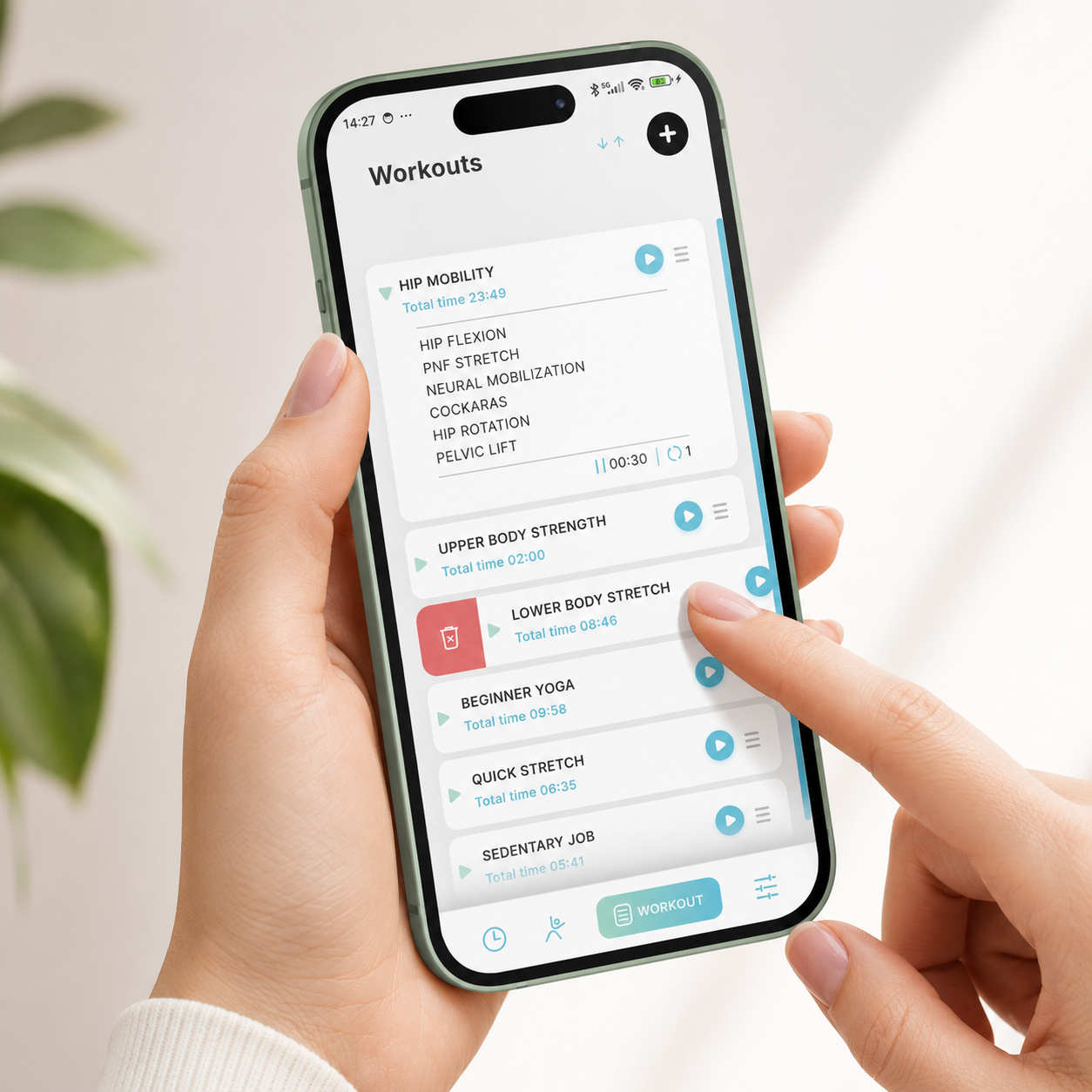 A phone showing a workout routine list